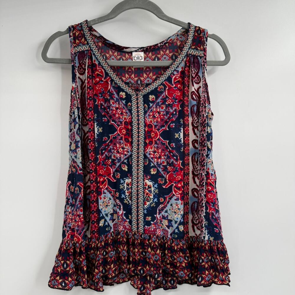 Bila Tank Top Women S Red Mixed Paisley Print Rayon Embroidery V-Neck Ruffle Hem